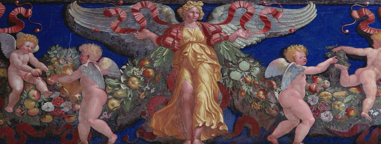 Fris från Camera con Fregio di Amorini Chamber of the Cupid Frisdetalj av en ängel i en gyllene klänning med spridda vingar, fresk från 1520-talet av Giulio Romano