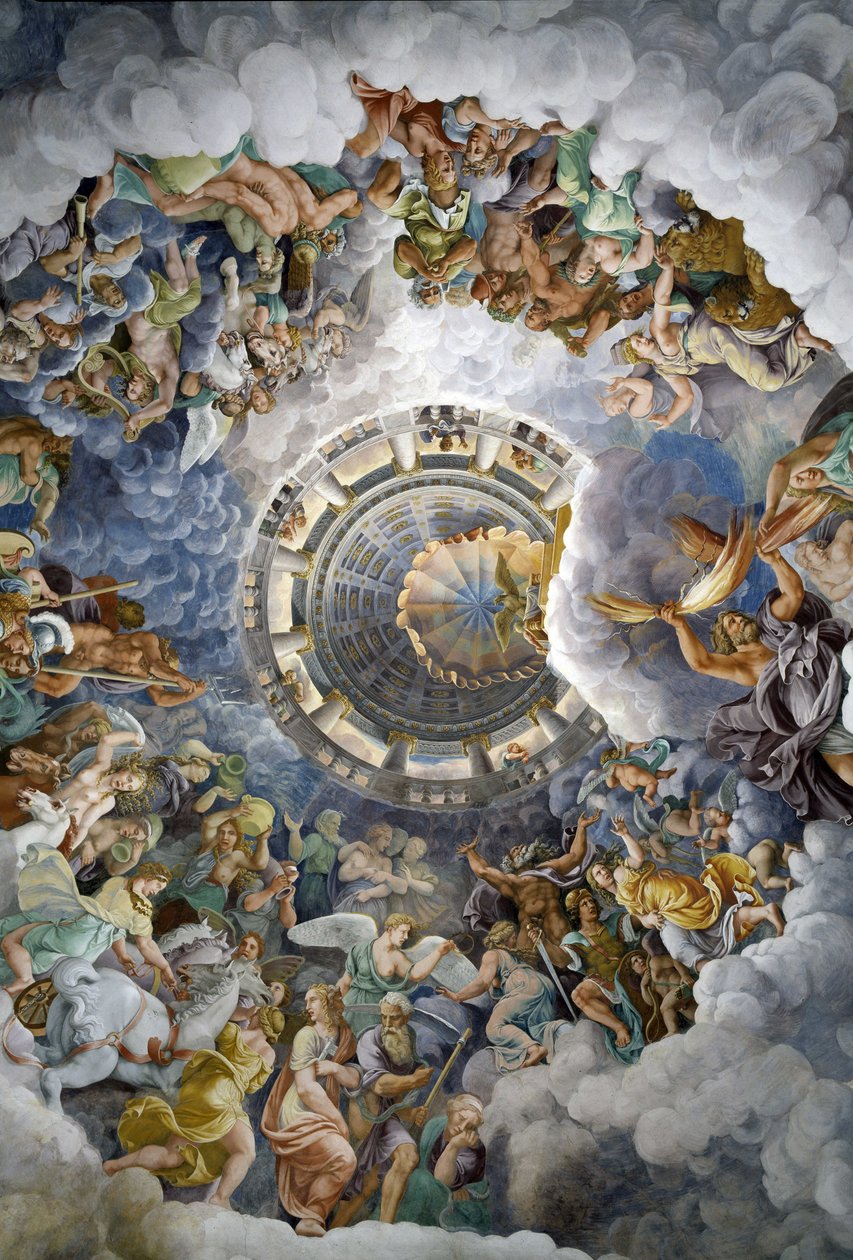 Översiktsbild av taket i Jättarnas sal, Mantua (Palazzo del Te, Mantova): Olympens gudar. Freskomålning av Giulio Pippi de