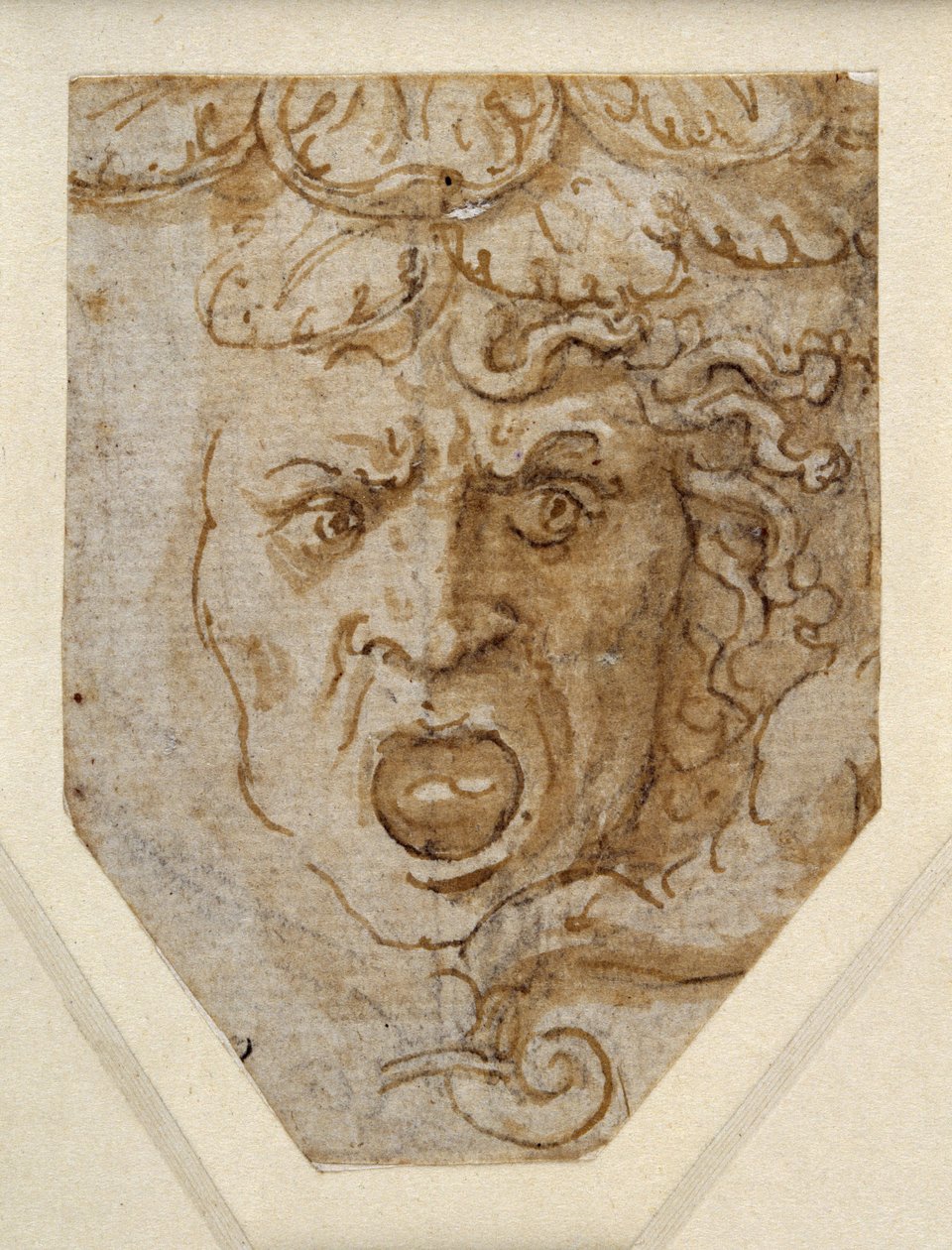 Head of Medusa (penna & brunt bläck över preliminära spel i svart krita med inslag av vit förhöjning på vitt papper) av Giulio Romano