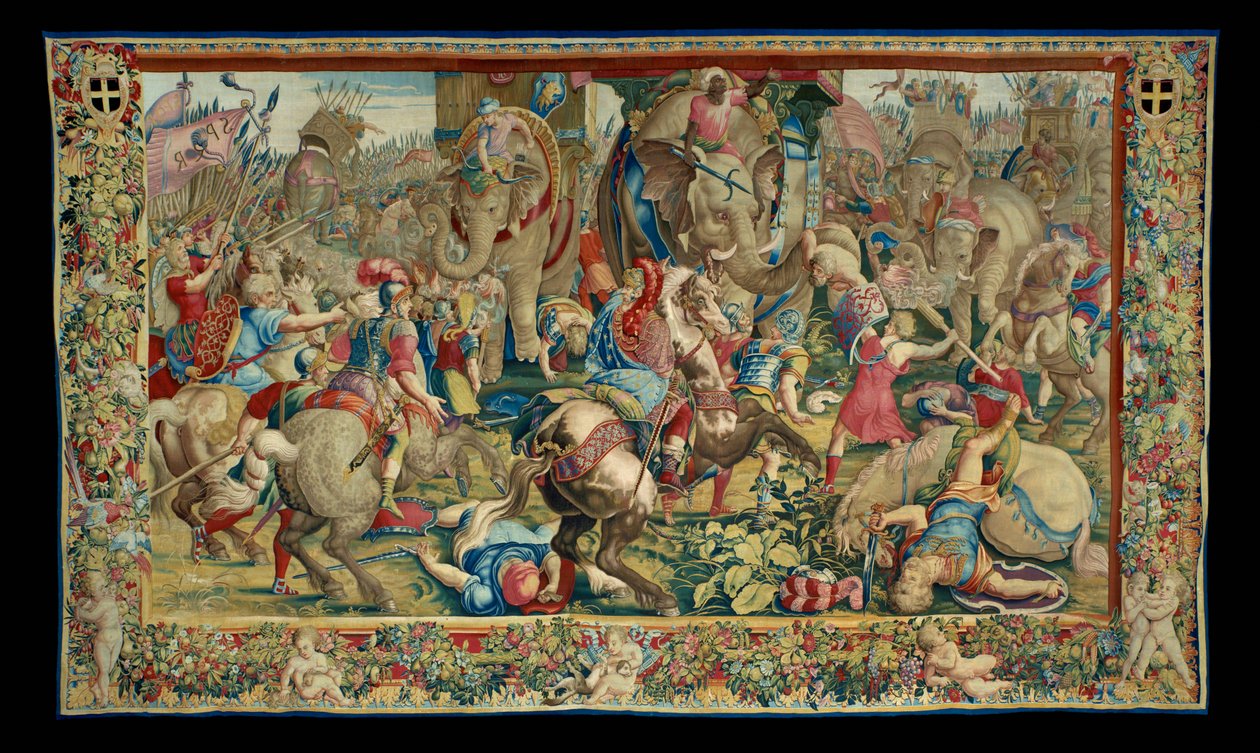Historien om Scipio: Slaget vid Zama Hanibals nederlag, tionde stycket från gobelängen, ull och silke, gobeläng ... av Giulio Romano