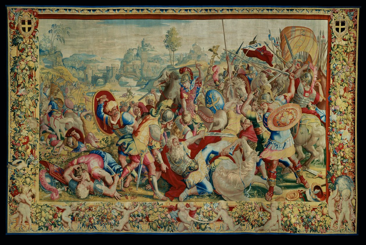 Historien om Scipio: Slaget vid Ticino, första delen av gobelängen, ull och silke, gobeläng ... av Giulio Romano
