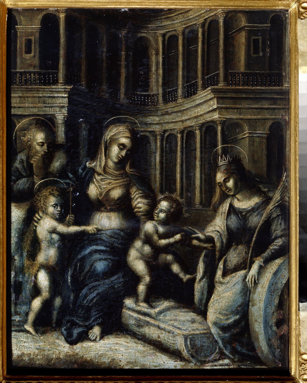""Den heliga familjen med Saint Catherine"" Målning av Giulio Pippi de