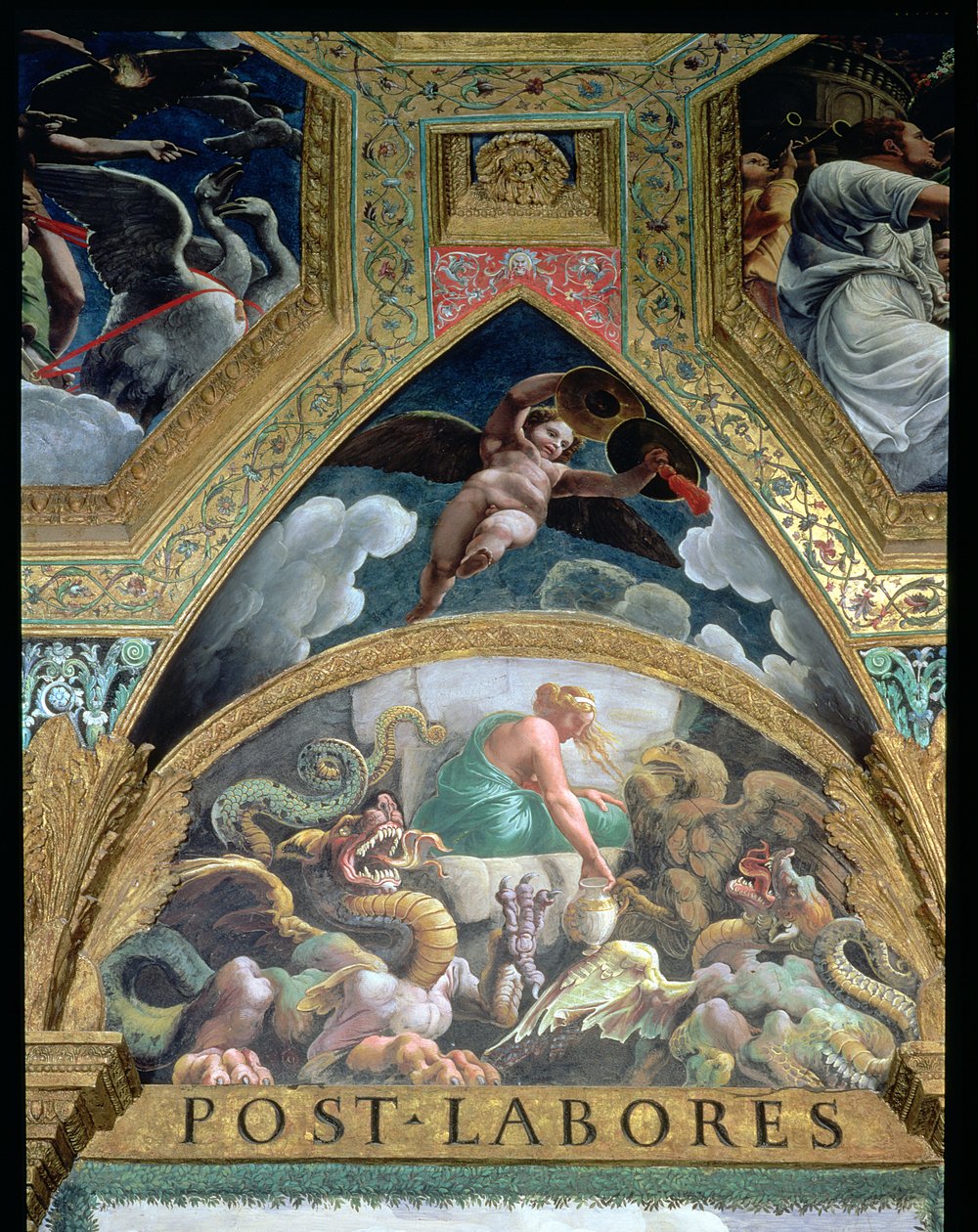 Lunette som skildrar Psyche som gör en prövning som Venus utsätter sig för att hämta från underjorden en burk som innehåller Proserpines skönhet, från Sala di Amore e Psiche, 1528 freskdetalj av 78427 av Giulio Romano