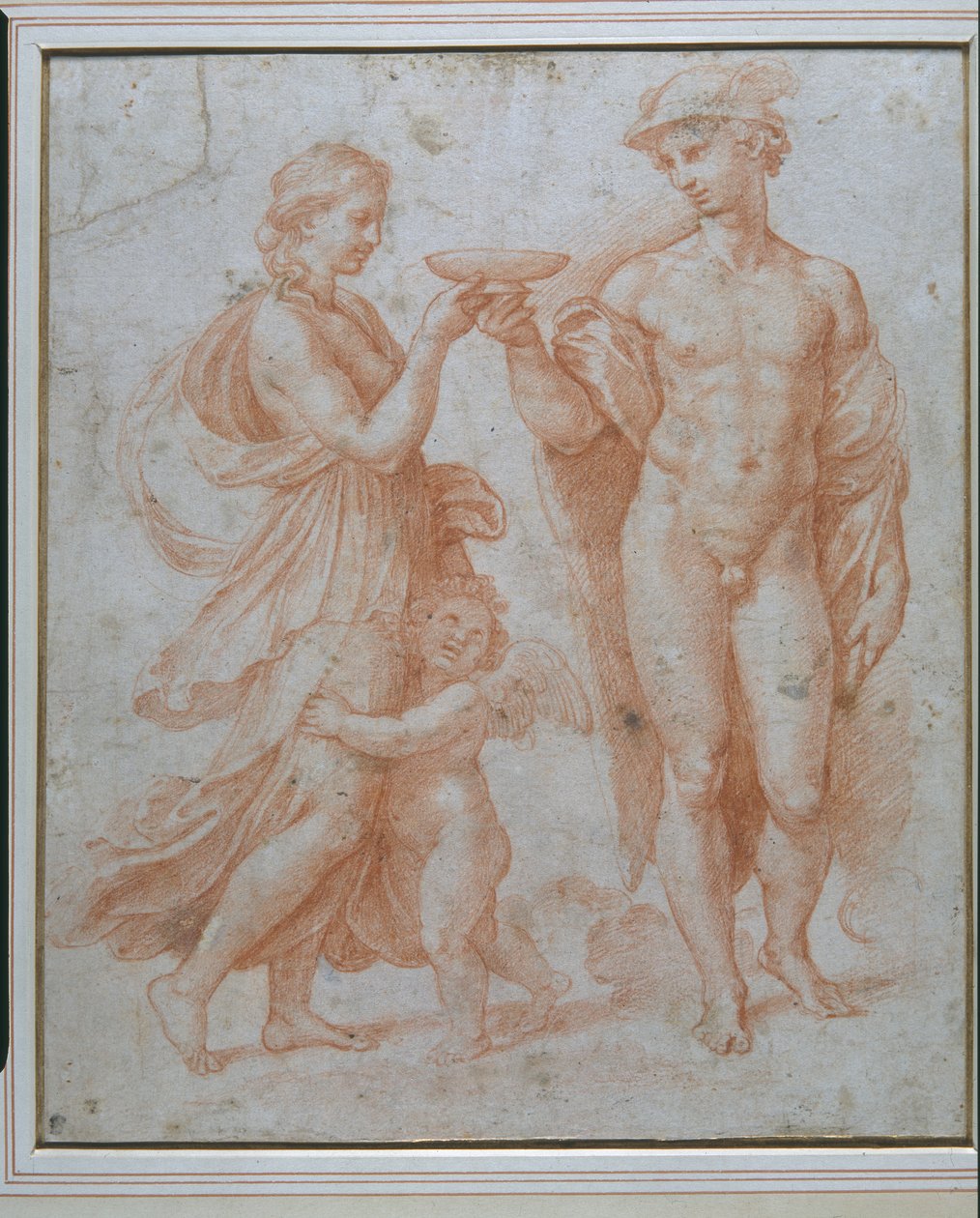 Merkurius erbjuder odödlighetens kopp till Psyche (röd krita på vitt papper) av Giulio Romano