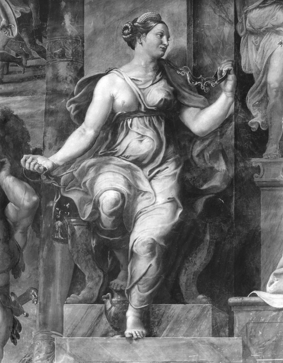 Måttlighet, en av de två dygderna kring påven Clemens I (1-97) Raphael Rooms (detalj) (se även 252786, 252788, 252789) av Giulio Romano