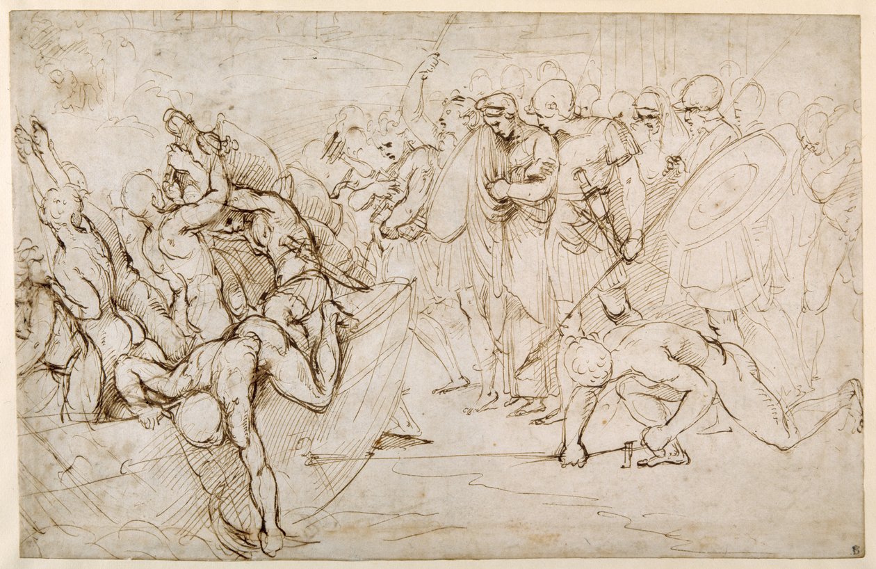 Neoptolemus tar Andromache i fångenskap efter Trojas fall (penna & brunt bläck på vitt papper) av Giulio Romano