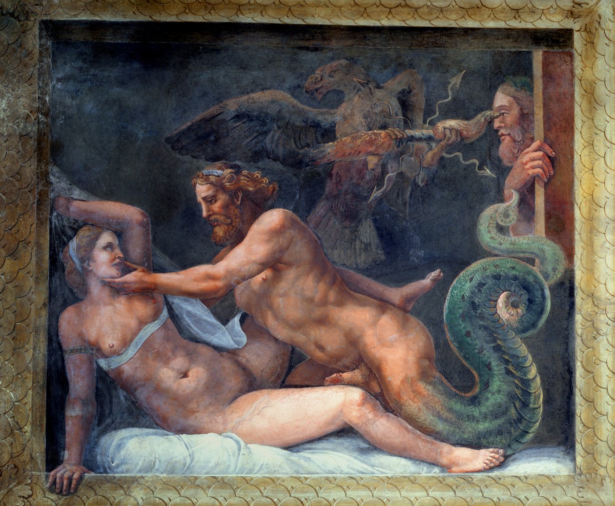 Olympia förförs av Jupiter, vars blixt grips av en örn som borrar ögat på den svartsjuke kungen av Makedonien, från Sala di Amore e Psiche, 1528 av Giulio Romano