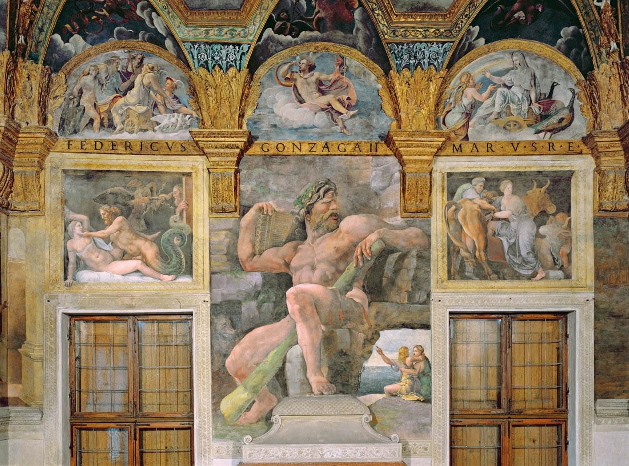 Olympia förförd av Jupiter, Polyphemus vaktar Acis och Galatea, Pasiphae kommer in i kon som konstruerats av Daedalus, från Sala di Amore e Psiche av Giulio Romano