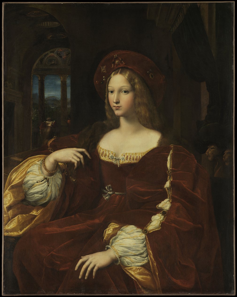 Porträtt av Doña Isabel de Requesens y Enríquez de Cardona-Anglesola, ca 1518 (olja på panel överförd till duk) av Giulio Romano