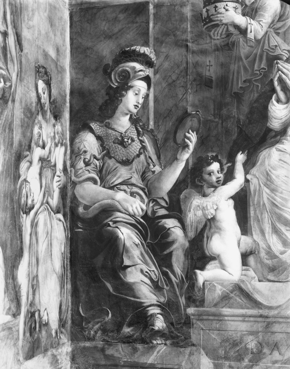 Prudence sittande bredvid påven Damasus I (ca 304-384) Raphael Rooms (detalj) (se även 252795 och 252797) av Giulio Romano