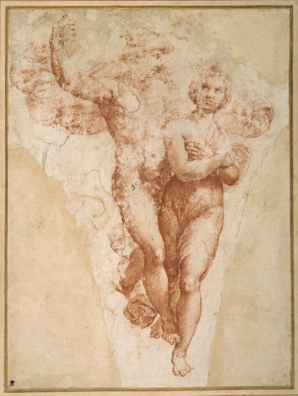 Psyket bärs av Merkurius till Olympen (krita på papper) av Giulio Romano