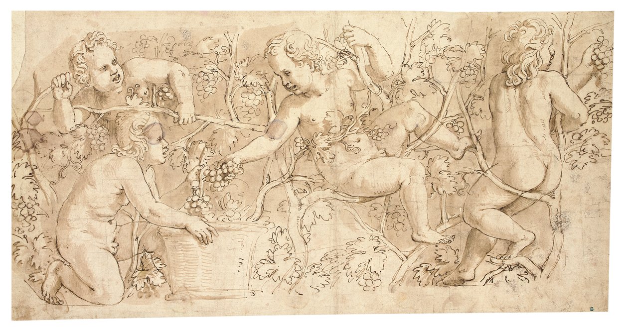 Putti som plockar druvor: Design för en fris av Giulio Romano