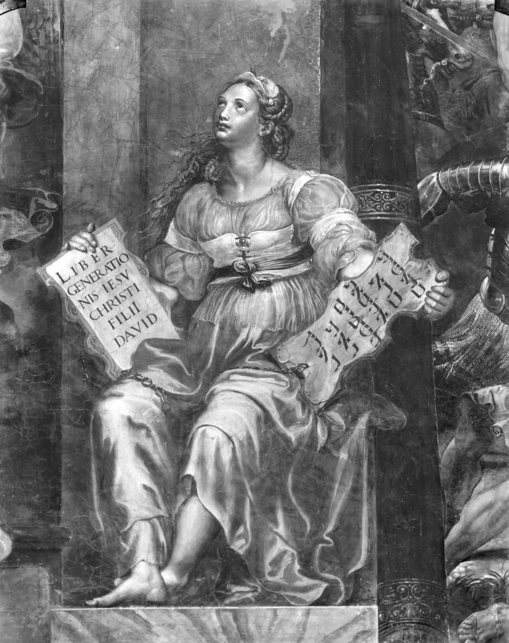 Religion, en av två allegoriska figurer som omger påven Sylvester I (314-35) Raphael Rooms (detalj) (se även 252792 och 252793) av Giulio Romano