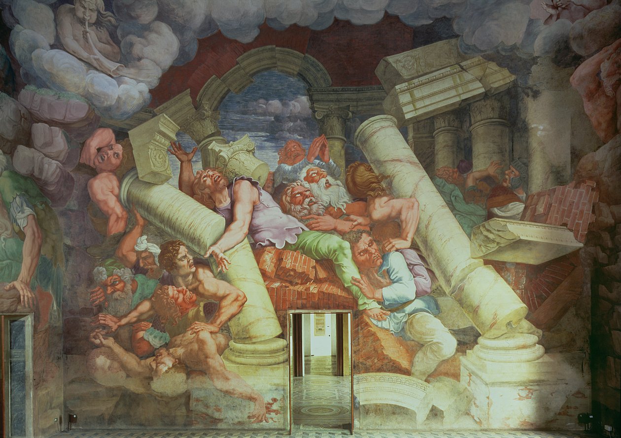 Sala dei Giganti, detalj om förstörelsen av jättarna av Jupiters åskbultar, 1536 fresk för detaljer se 78488 av Giulio Romano