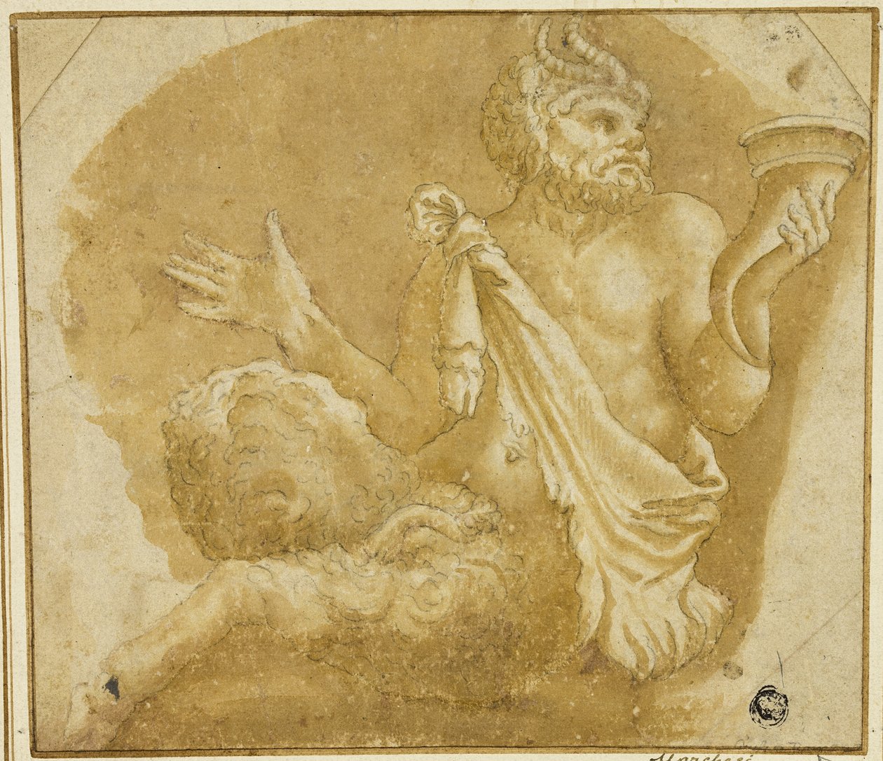 Sittande Faun Holding Cornucopia (recto); Skiss av träd och hus (verso) av Giulio Romano