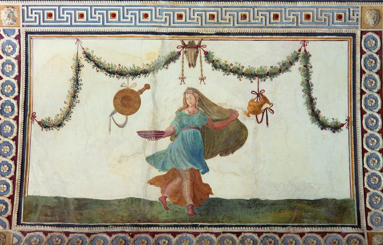 Camera con Fregio di Amorini Chamber of the Cupid Frieze detalj i taket som föreställer en kvinna som håller en skål, fresk från 1520-talet av Giulio Romano