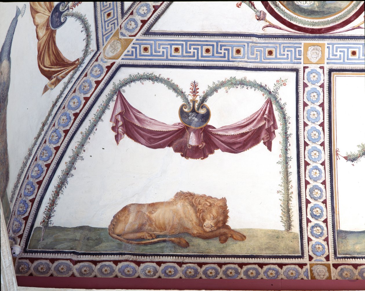 Camera con fregio di Amorini Chamber of the Cupid Frieze detalj av ett sovande lejon, fresk från 1520-talet av Giulio Romano