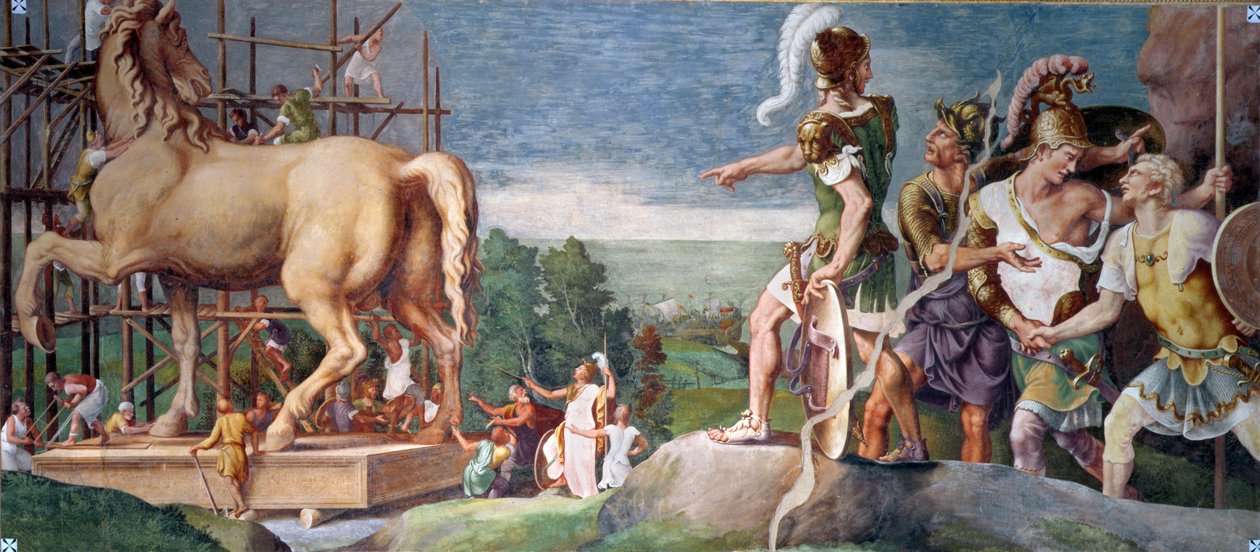 Byggandet av Trojas trähäst av Giulio Romano