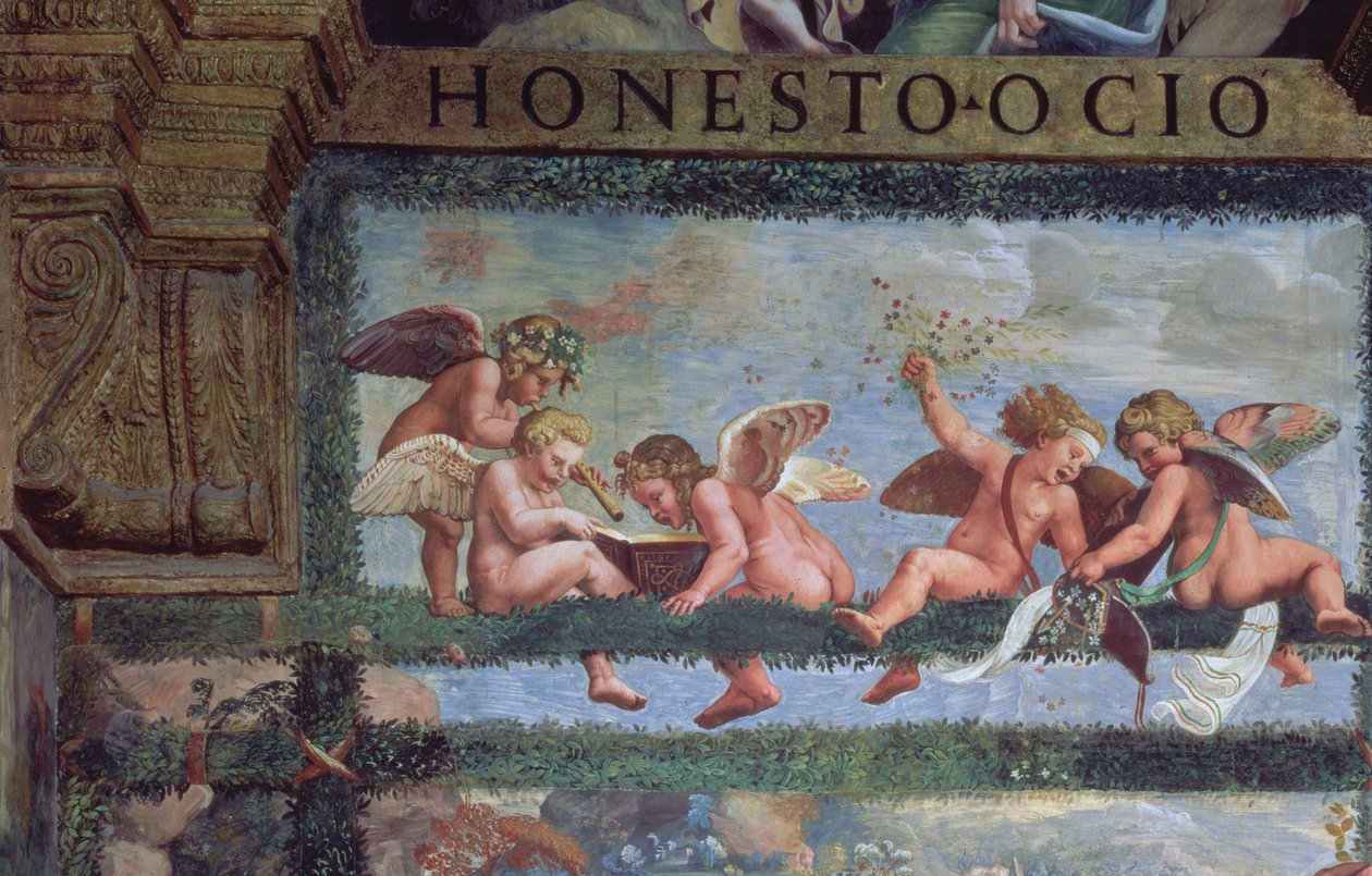 Den rustika banketten, detalj av putti som gör musik, från Sala di Amore e Psiche, 1528 freskdetalj från 78428 av Giulio Romano