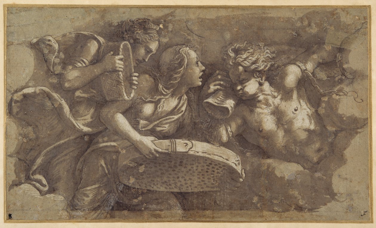 Vestal Tuccia med silen (penna & brunt bläck med brunt tvätt på papper) av Giulio Romano