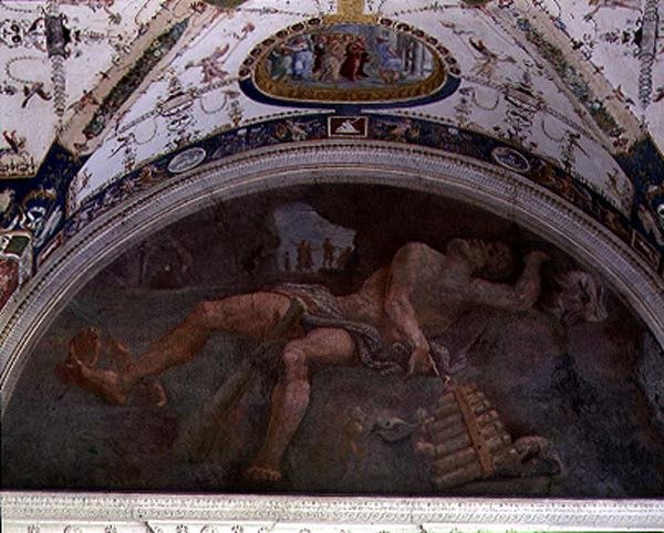 Loggian, detalj av lunetten i valvet föreställande Pan och satyrer av Giulio Romano