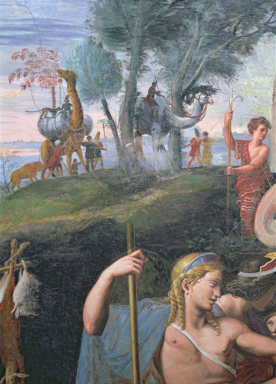 Den ädla banketten som firar Amors och Psyches bröllop, detalj som visar Apollons huvud med en procession av exotiska djur i bakgrunden, från Sala di Amore e Psiche, 1528 av Giulio Romano