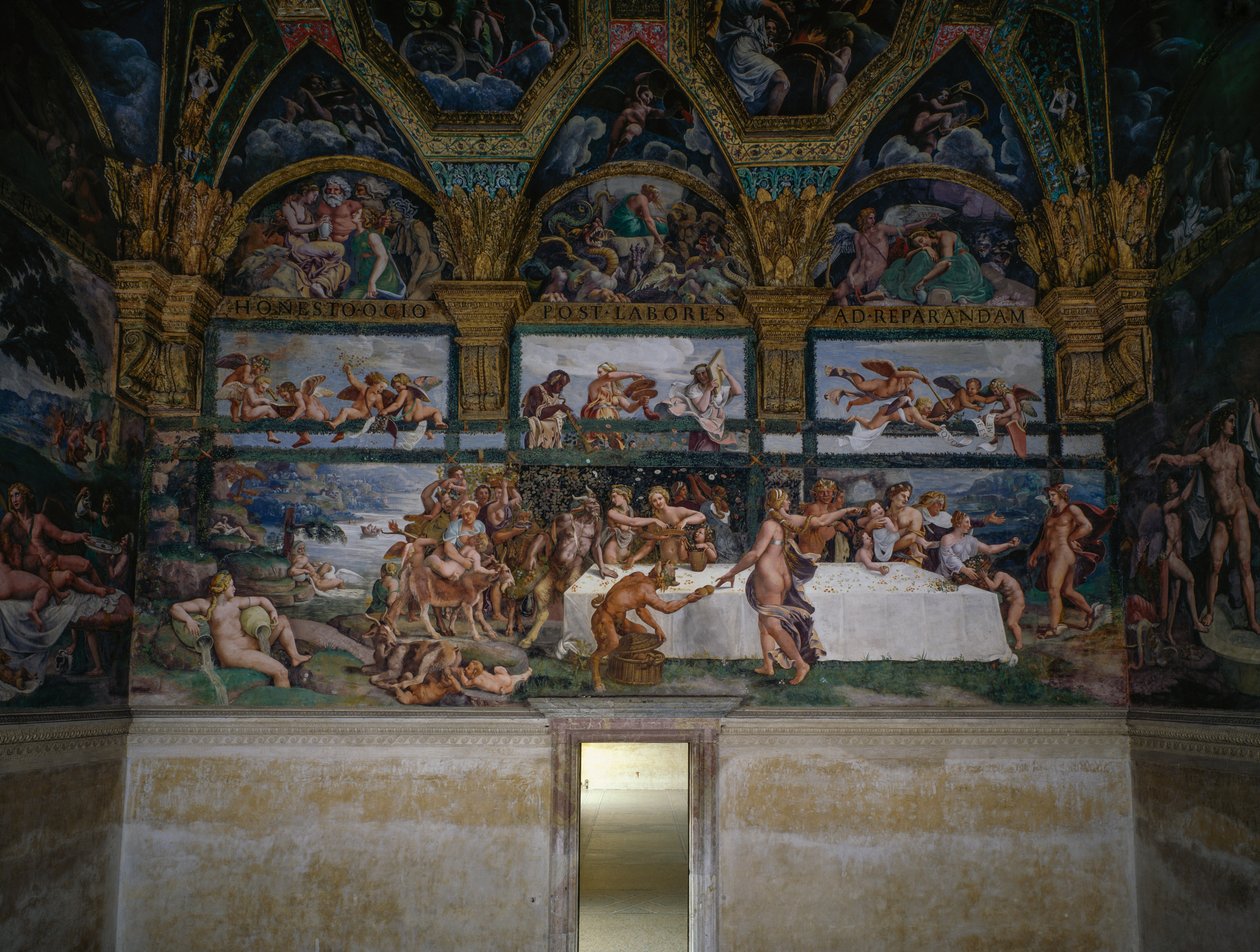 Bröllopsfest eller gudarnas bankett, fresk av Giulio Romano (1499-1546), västra väggen i Amors och Psyches kammare, Palazzo Te, Mantua (UNESCO:s världsarvslista, 2008), Lombardiet, Italien av Giulio Romano