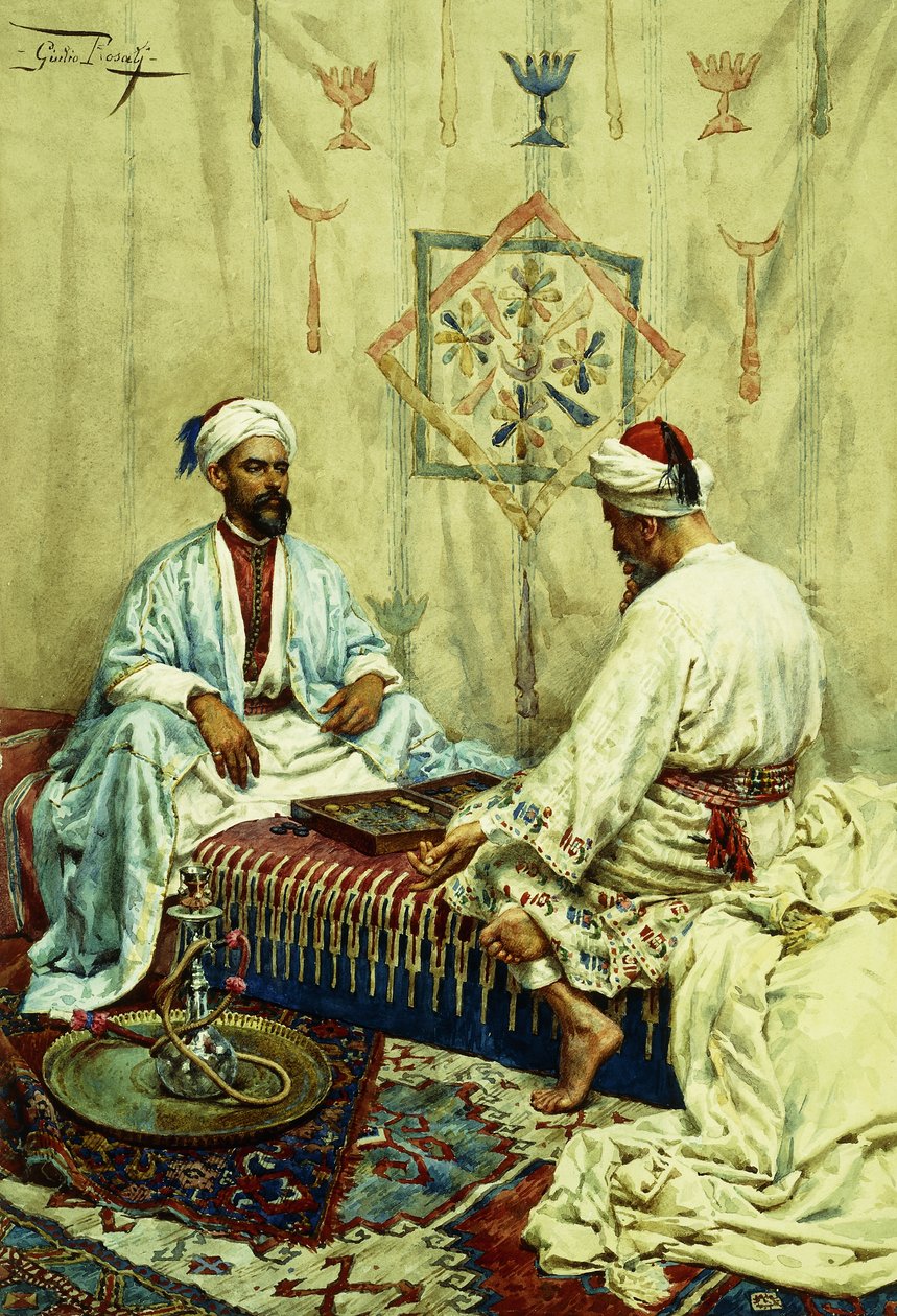 Araber som spelar backgammon i ett inre, av Giulio Rosati