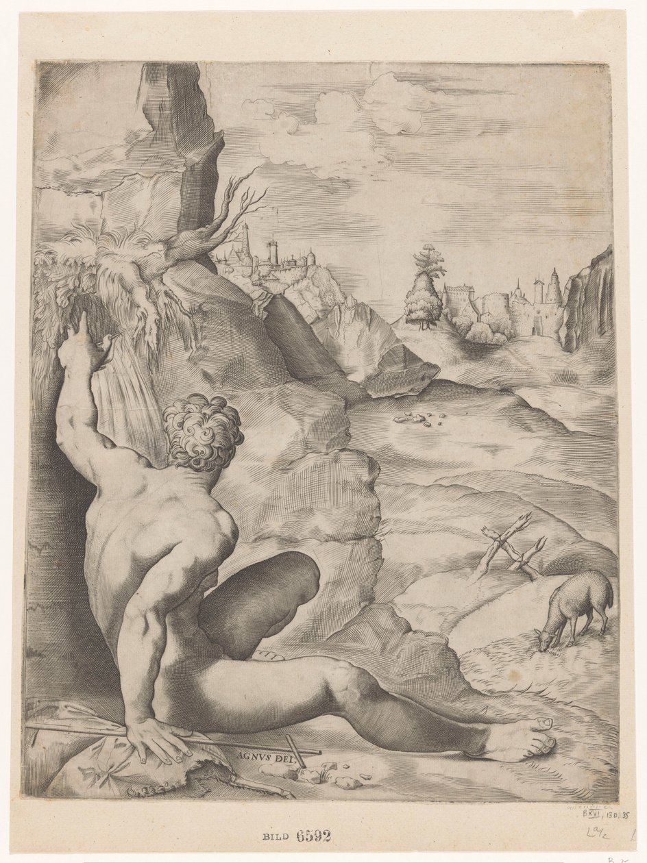 Johannes Döparen i öknen Agnus dei (titel på objekt) av Giulio Sanuto