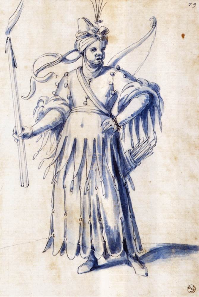 Costume drawing for a female figure with torch av Giuseppe Arcimboldo