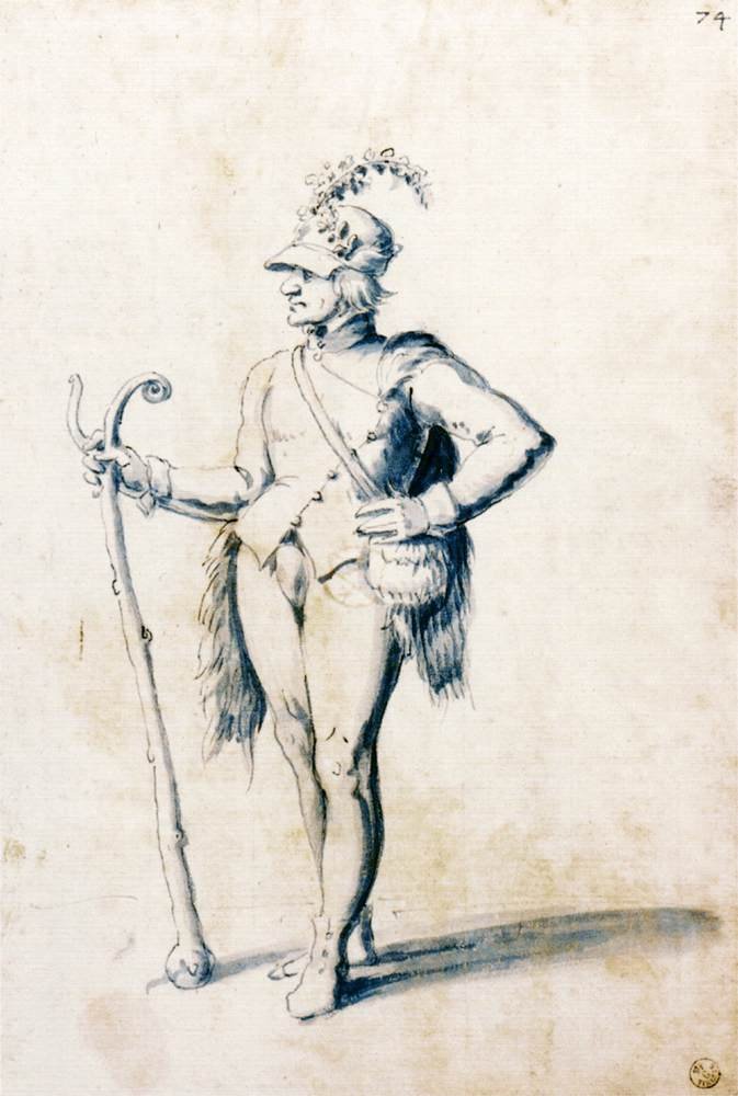 Costume drawing for a male figure with stave av Giuseppe Arcimboldo
