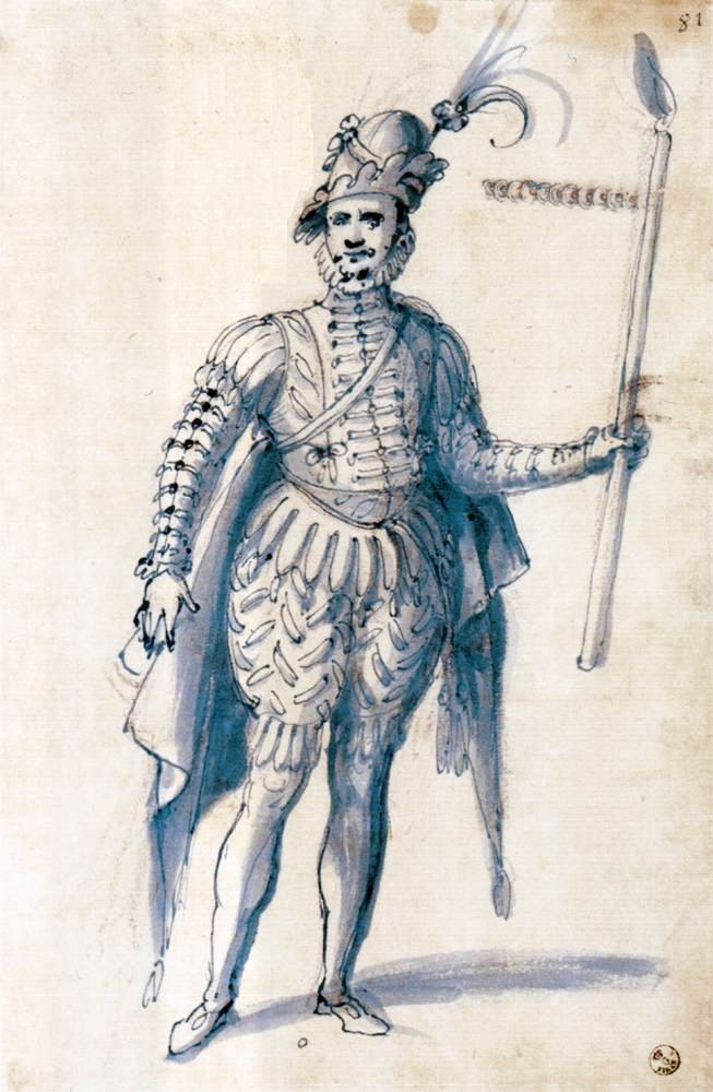 Costume drawing for a male figure with torch av Giuseppe Arcimboldo