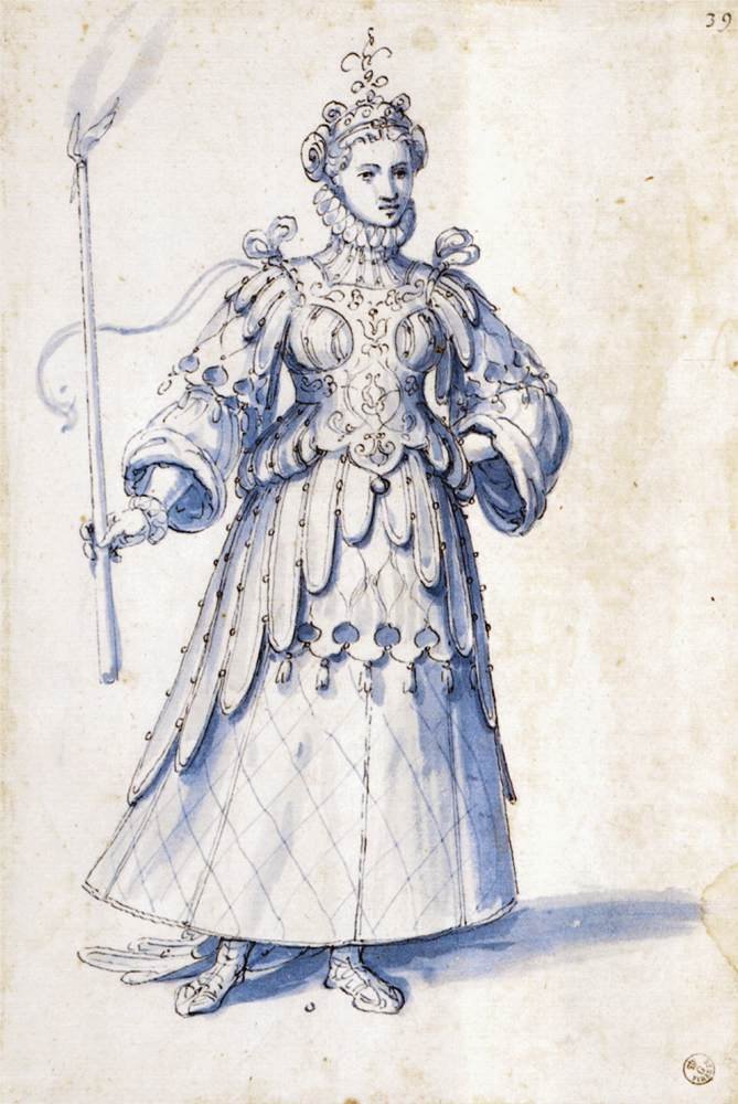Costume drawing of a female figure with torch av Giuseppe Arcimboldo