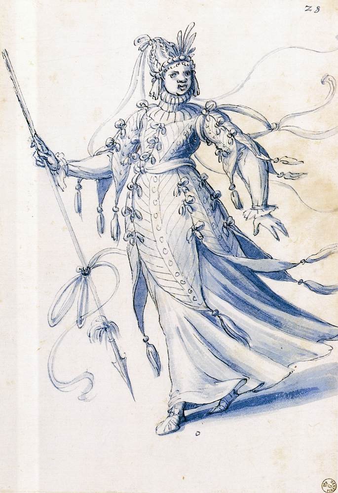 Costume drawing of a woman bearing a lance av Giuseppe Arcimboldo