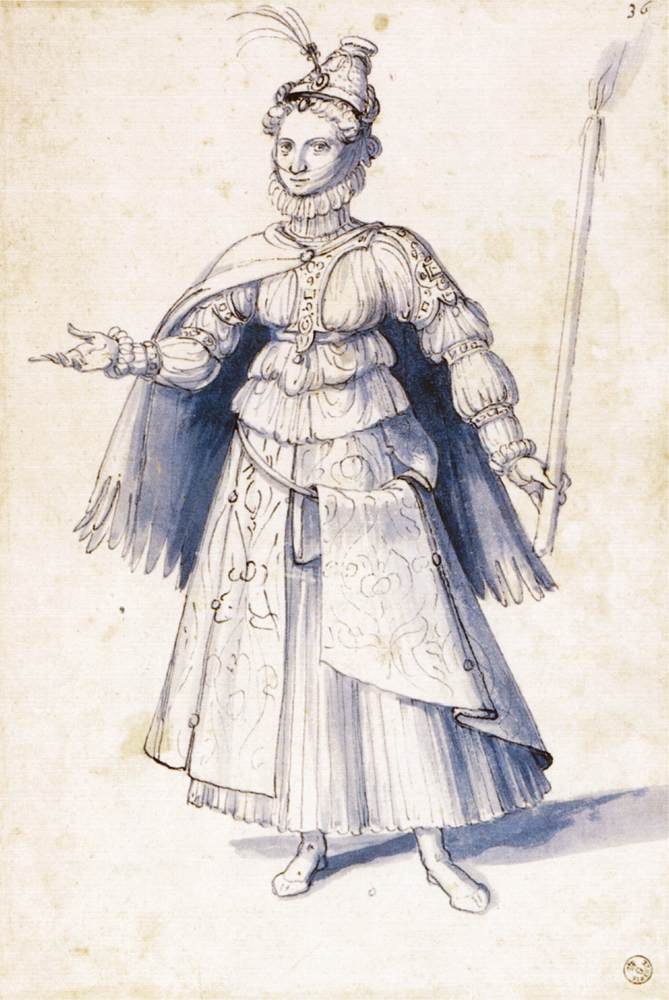 Costume drawing of a woman bearing a torch av Giuseppe Arcimboldo