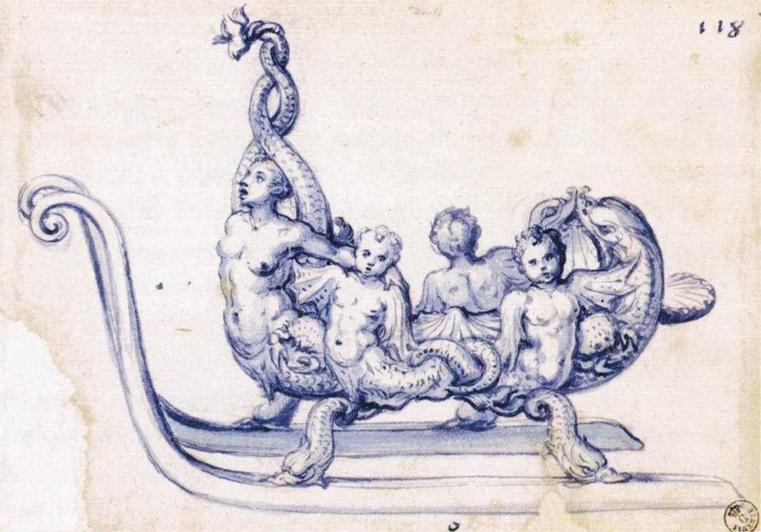 Skiss till en släde med siren av Giuseppe Arcimboldo
