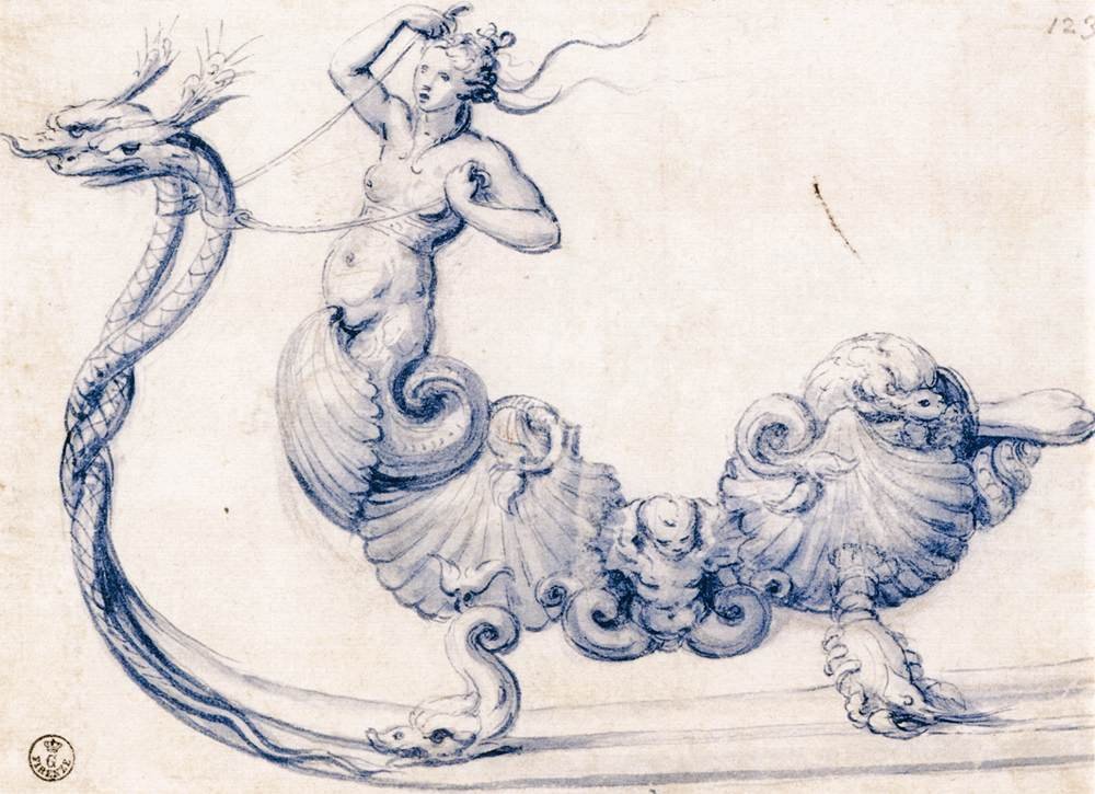 Sketch for a sleigh with figures of sirens av Giuseppe Arcimboldo