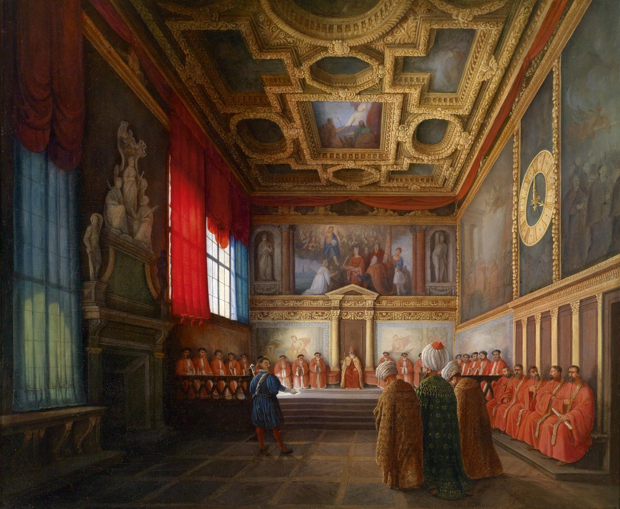 Mottagning av den ottomanska bröstet i Doge of Venice i Sala del Collegio des Dogen Palace av Giuseppe Bernardino Bison