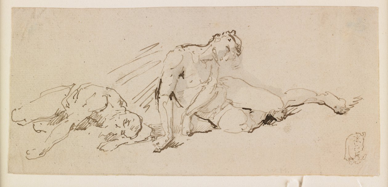 Två mansfigurer (Studier för uppståndelsen) (penna och brunt bläck och grå tvätt) av Giuseppe Bernardino Bison