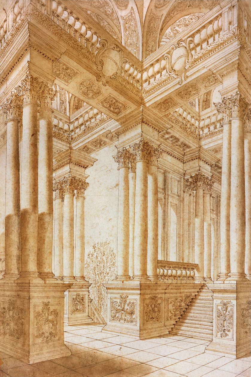 Arkitektstudie (penna och brunt bläck med brun tvätt på papper) av Giuseppe Bibiena
