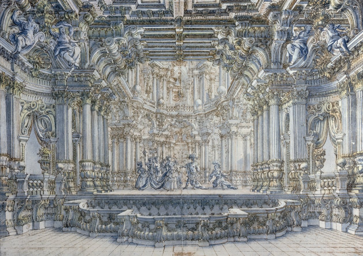 Teater scenset (penna och wc på papper) av Giuseppe Bibiena