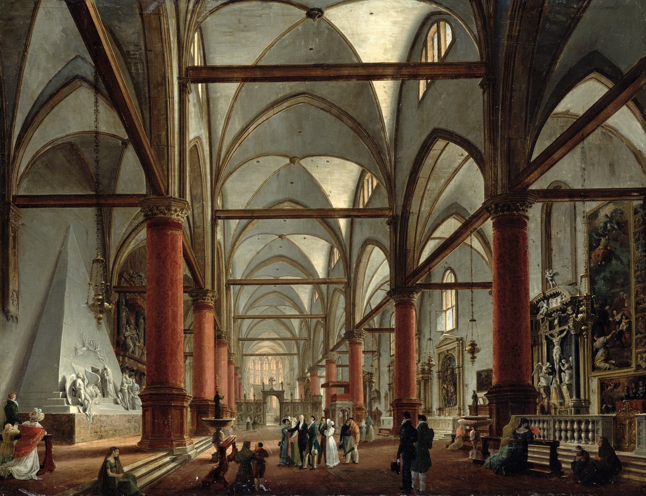 Leopoldo Cicognara (1767-1834) kommenterar monumentet Canova (1827) i kyrkan Santa Maria Gloriosa dei Frari, Venedig, 1828 av Giuseppe Borsato