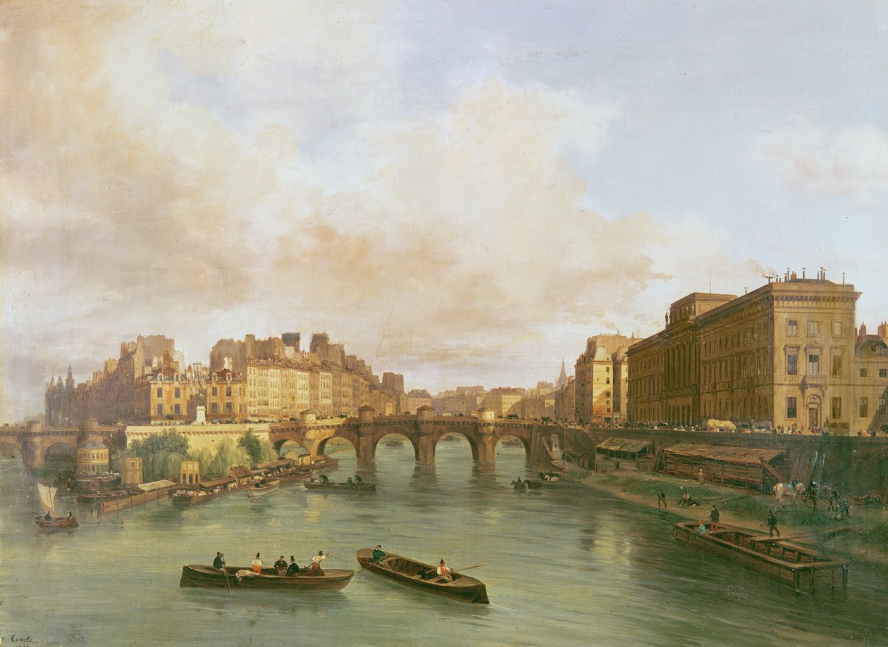 Pont Neuf, Ile de la Cite, Paris myntverk och Conti Quay, 1832 av Giuseppe Canella