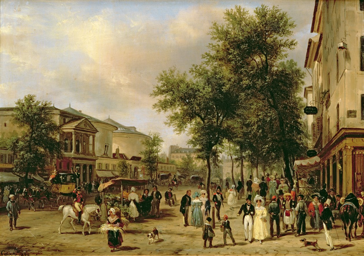 Vy över Boulevard Montmartre, Paris, 1830 av Giuseppe Canella