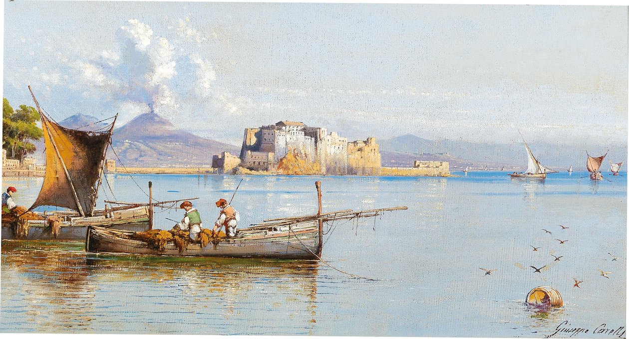 Fishermen in the Gulf of Naples, Vesuvius in the background av Giuseppe Carelli