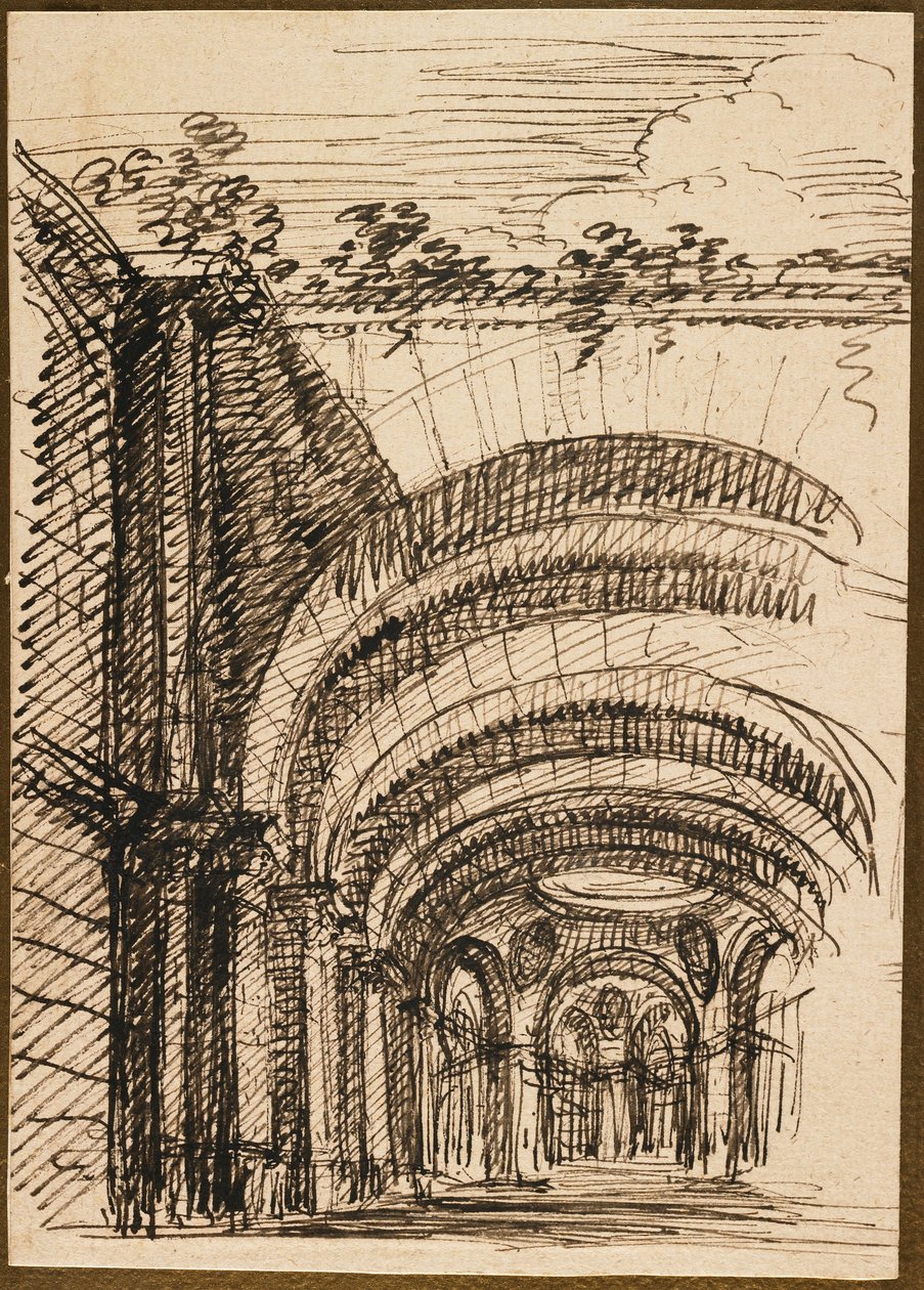 Architectural Fantasy (penna och brunt bläck på papper) av Giuseppe Valeriani