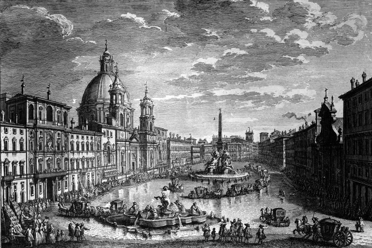 Utsikt över Piazza Navona under Ferragosto-semestern, 1752 av Giuseppe Vasi