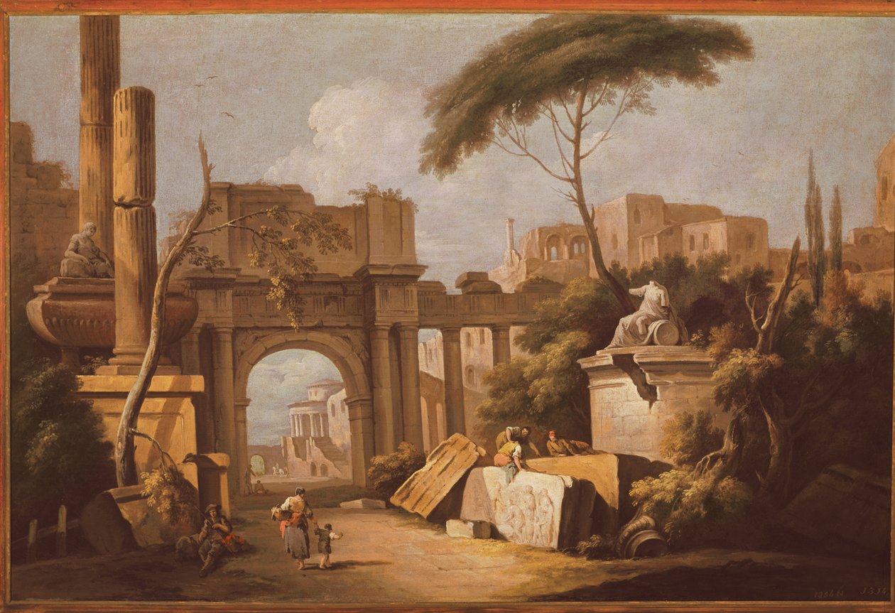Forntida ruiner med en stor båge och en kolumn, c.1735-40 av Giuseppe Zais