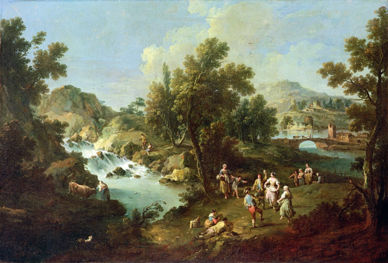 Landskap med en flod och dansande bönder av Giuseppe Zais