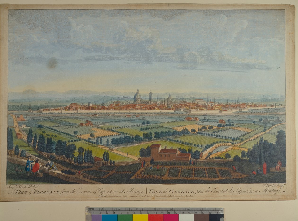 En utsikt över Florens från Capuchinsklostret i Montughi, graverad av John Bowles (fl.1724-1756) av Giuseppe Zocchi